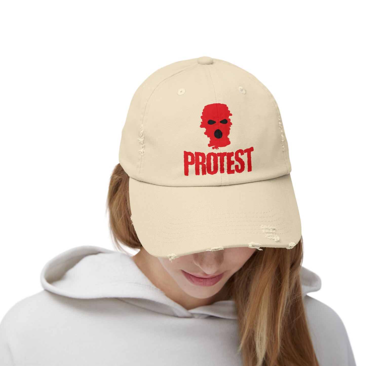 Unisex Distressed Cap - Red Protest Skull Design