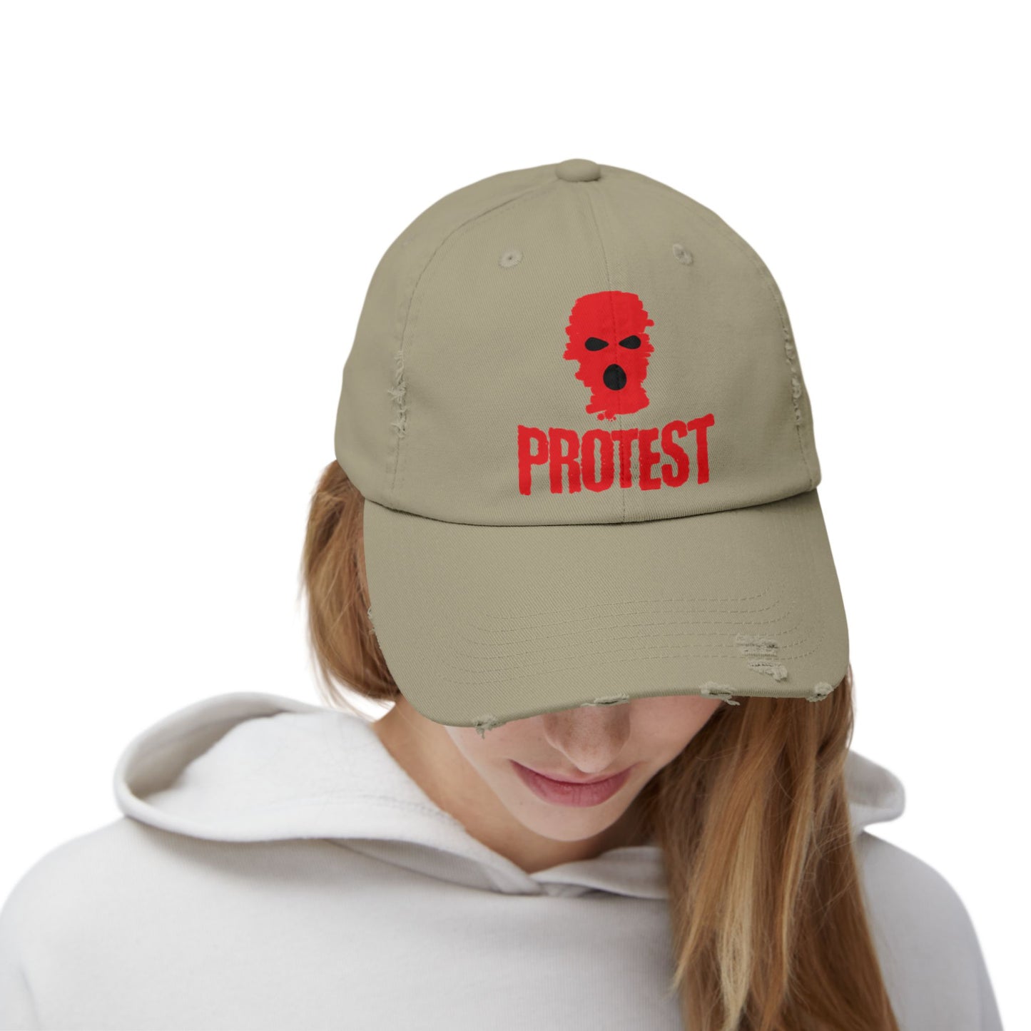Unisex Distressed Cap - Red Protest Skull Design