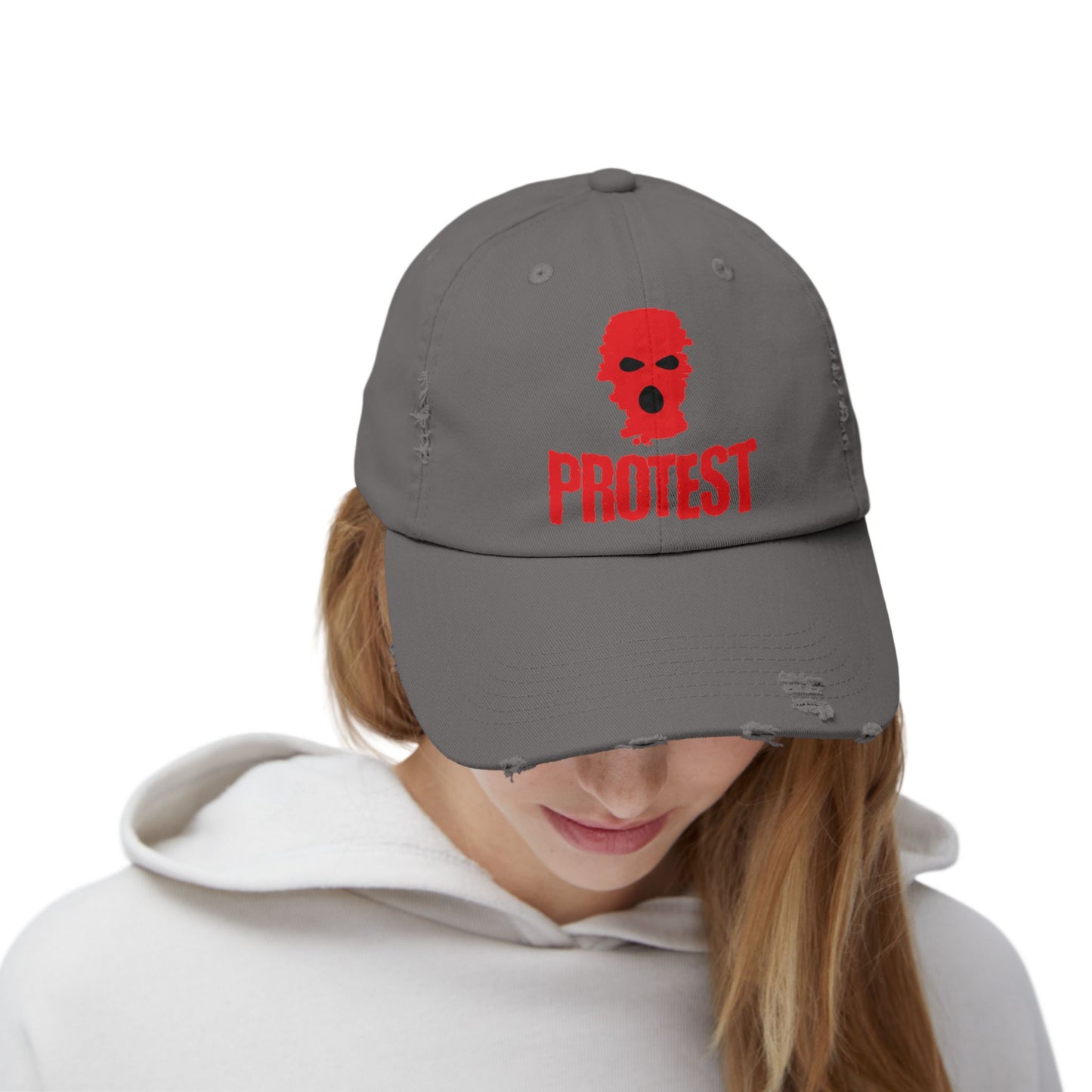 Unisex Distressed Cap - Red Protest Skull Design